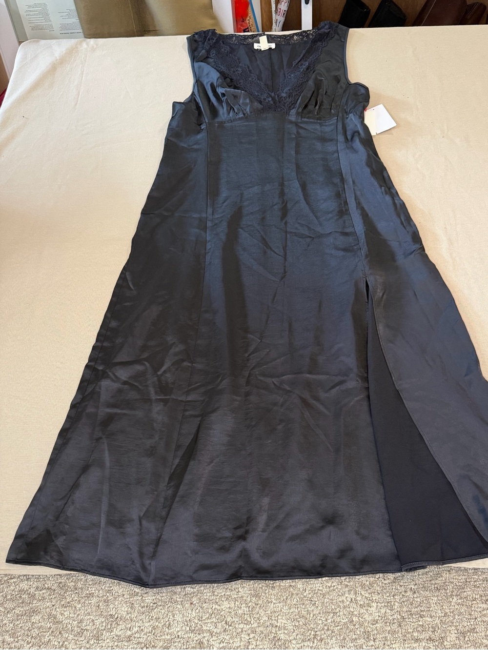 Black Sleeveless V-Neck Satin Dress with Lace Trim